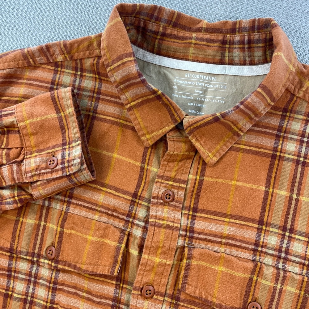 REI Co-op Flannel Shirt Mens Large Orange Plaid Long Sleeve Button Up 23059-F2
